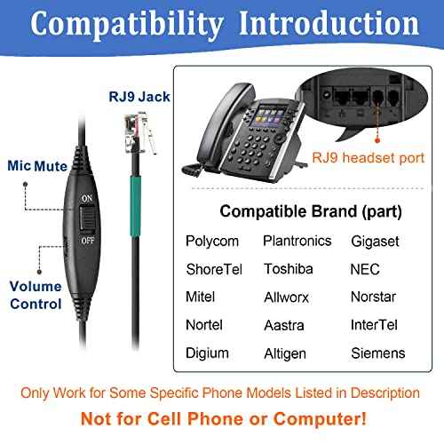 RJ9 Telephone Headset with Mic Noise Cancelling, Quick Disconnect Phone Headset Compatible with Polycom VoIP VVX311 VVX411 VVX250 Plantronics S12 T110 ShoreTel 480 Nortel NEC Aastra Mitel Desk Phones