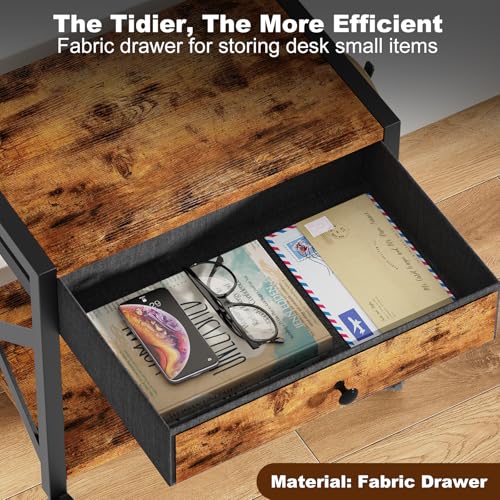 EasyCom 2-Tier Desktop Printer Stand with Large Drawer, Under Desk Storage with Wheels, Small Shelf with Storage for Paper Storage Printer Scanner Fax Home Office Use Rustic Brown