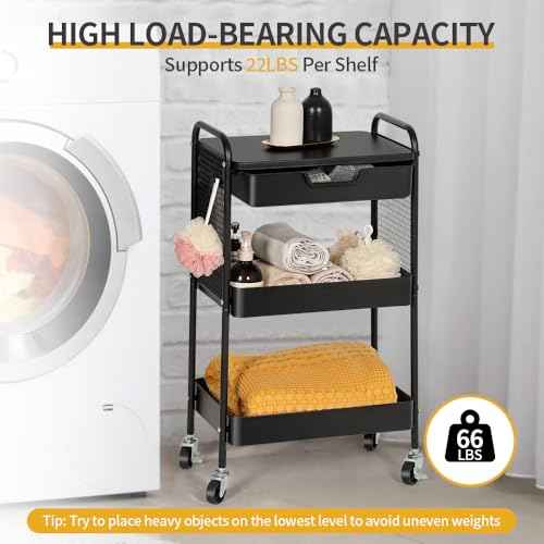 3-Tier Rolling Cart with Drawer, Metal Utility Storage Cart Organizer with Lockable Wheels&Hanging Cups&Hooks, Mobile Storage Craft Carts Trolley with Mesh Shelves for Kitchen, Office-Black