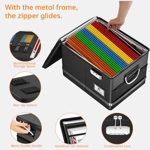 Fireproof Document Box,5200¡ÆF File Organizer Box with Lock,Foldable Filing Organizer Cabinet, Portable Safe Storage for Hanging Letter/Legal Folder,Black