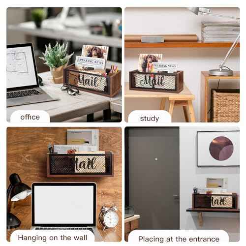 Mail Organizer,Mail Holder with 2 Slots, Wood Mail Basket Mail Sorter for Wall Table Countertop, Bill Envelope Letter Holder for Home Office