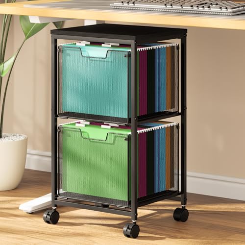 Sbanmao Rolling File Cart with 2 Drawers – Under-Desk Mobile File Cabinet, Black, 2-Drawer