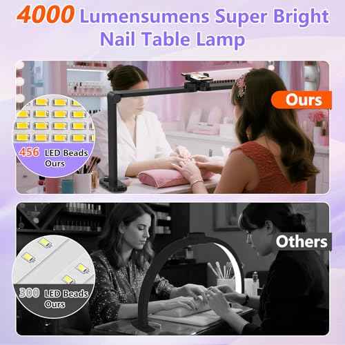 Large Nail Tech Lamp for Desk, 34 Inch Foldable LED Nail Arch Light with Phone Holder, Dimmable & 3 Colors Half Moon Light Table for Eyelash Extension, Manicure, Beauty, Tattoo - Black