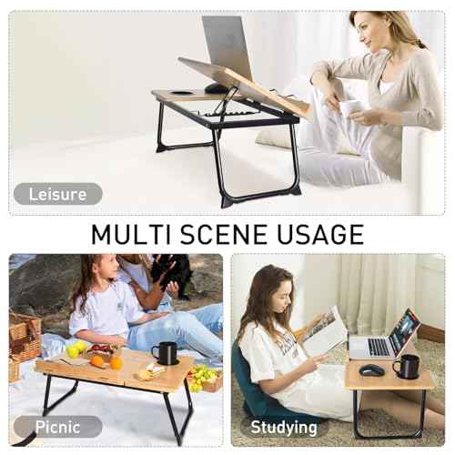 wishacc Book Stand for Reading in Bed, Bamboo Laptop Stand Adjustable Book Holder Tray with Page Paper Clips Multi Angles Adjustable Cooking Bookstands for Textbook Recipe Magazine Tablet Portable