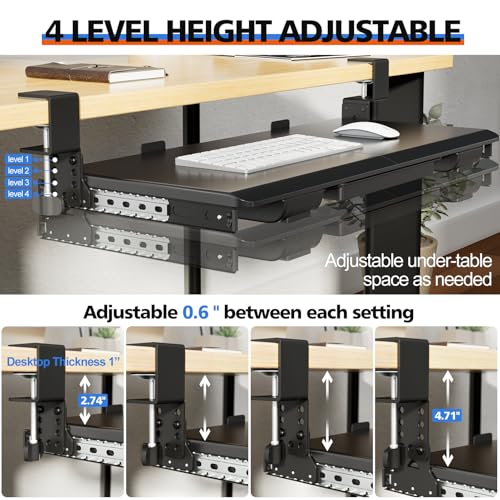Large Height Adjustable Keyboard Tray with Sturdy C-Clamp Mount and Storage Drawer, 27"(31" Including Clamps) x 12" Slide Out Ergonomic Keyboard Trays for Home and Office, Black