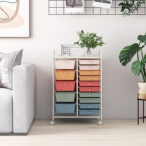 HAPPYGRILL Macaroon Colorful 15-Drawer Rolling Cart with Removable Drawers, Steel Frame, Lockable Wheels