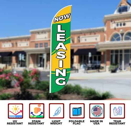 Now Leasing Sign feather flag for Outdoor by Mavis Printing | 11.5 FEET Long Polyester Outdoor Banner Flag for Easy Hang | HD Print Swooper I Flag Only to Advertise Real Estate Business I Flag Only