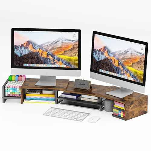 Wisdom Star Dual Monitor Stand with Drawer, Desk Organizers and Accessories, Adjustable Length & Swivel Angle, 2-Tier Computer Monitor Stand for Computer, Laptop, PC, Brown