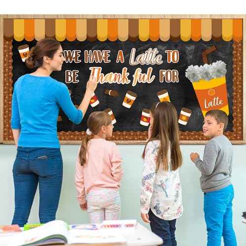 BeYumi Thanksgiving Latte Bulletin Board - 81Pcs We Have A Latte To Be Thankful For Bulletin Board Fall Coffee Cup Cutout with Tissue Paper Pompoms School Classroom Chalkboard Wall Supplies Decoration