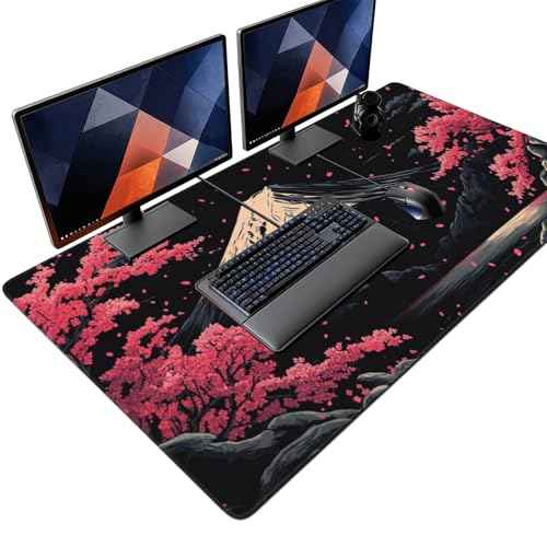 Extra XXXL Japanese Cherry Blossom Gaming Mouse Pad, Watercolor Mouse Pads Keyboard Mat, Stitched Edges Mousepad, Non-Slip Rubber Base Desk Mat for Office & Home (48x24 Inch)