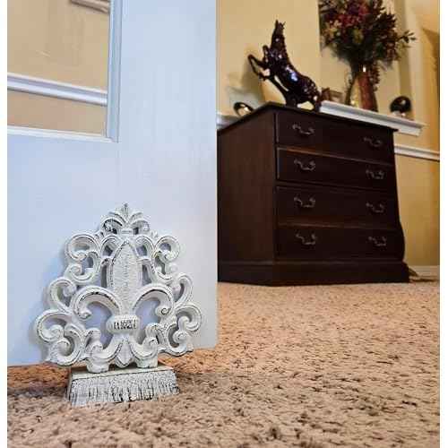 Lulu Decor, Cast Iron Fleur De Lis Door Stop, Door Stopper in Antique White Finish, Beautiful and Useful Product, Simply Insert Flat Base Underneath Your Door Space, Works Great