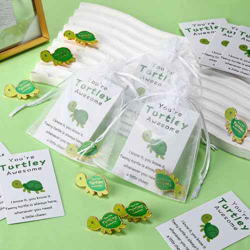 Juexica 100 Sets Employee Appreciation Gifts Bulk Positive Turtle Pins You're Awesome Inspirational Notecard Thank You Gift for Coworker Staff Volunteer Teacher Students Christmas Favor (Green)