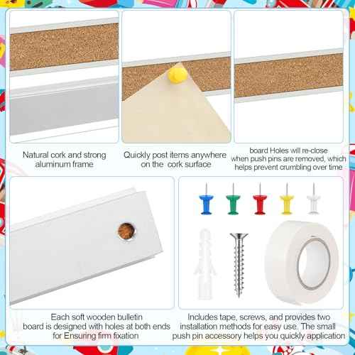 3 Pcs 48" x 1" Cork Strips Bulletin Bar Strips for Wall Bulletin Board Aluminum Trim Brown Cork Boards with Accessories for Paste Notes Photos Classroom Office Home Holiday Decor