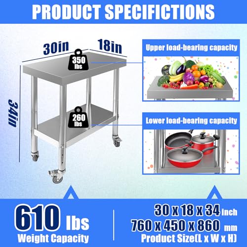 Stainless Steel 30 x 18 x 34 In. Mobile Work Table with 4 Wheels – Adjustable 2-Tier Heavy Duty Prep Station (Srehloe)