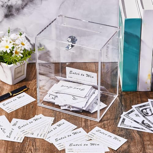 Teling Clear Acrylic Donation Box 7x5x8 Inches with Lock & Sign Plate - Tall Raffle Box with Cards