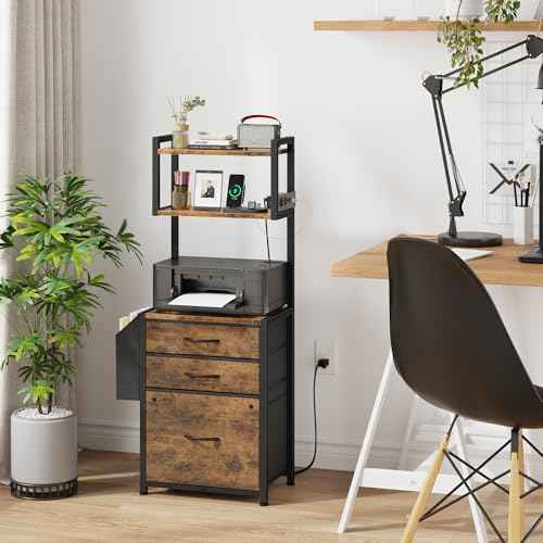 Small 3 Drawer File Cabinet with Charging Station, 45''H, 3-Tier Filing Cabinet for Home Office, 11''*16'' for Small Printer, Fabric Drawer Fits Letter/A4, Tall Printer Stand, Rustic Brown