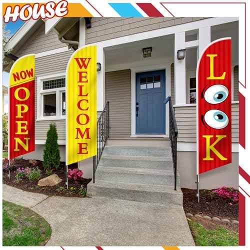 3 Pcs 12 Feet Open Themed Feather Flag for Business Advertising Outside Look Now Open Welcome Red Yellow Flag Banner for Grand Openings (Pole Hardware Not Included)