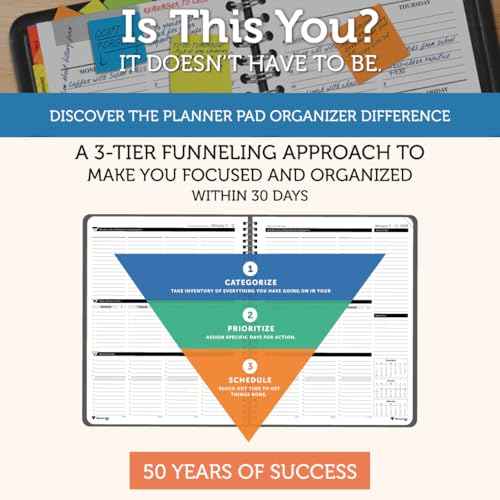 Planner Pad Spiral Bound January-December 2026/ Calendar Year 6 3/4" x 8 1/2" Medium 3-Tier Funnel Down 12 Month Organizer, Black Cover/Black Ink