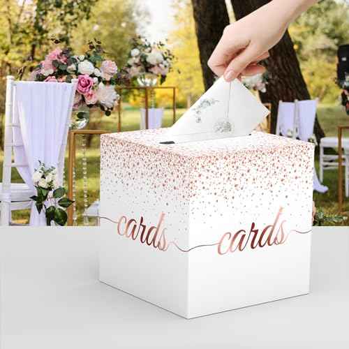 Rose Gold Cards Box for Birthday, Wedding, Bridal or Baby Shower, Graduation, Anniversaries, Engagement Party Decorations Supplies Money and Cards Receiving Box