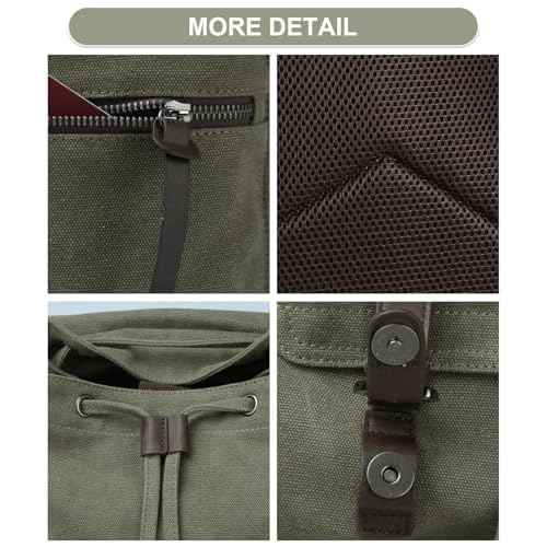 Vintage Canvas Backpack for Men Olive Green Rucksack Fit 15.6 inch Laptop Retro Flap Daypack for Casual Hiking Travel Commute