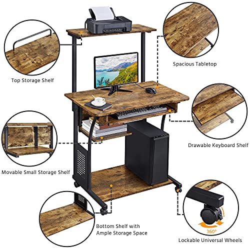 Yaheetech Rustic Brown Small Rolling Computer Desk with Hutch & Shelves