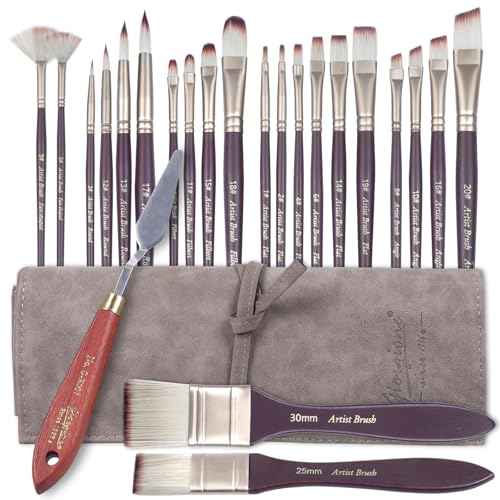 23pcs Paint Brush Set, Professional Artist Brushes for Acrylic and Oil Painting, Includes Flat, Filbert, Fan, Round, Angle, Rigger, and Palette Knife, Portable Storage Roll