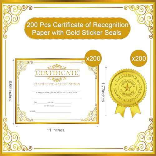 Yeaqee 200 Pcs Certificate of Recognition Certificate Paper with Gold Sticker Seals Pre Printed Award for Graduation Diploma Achievements Students Teachers Employees Gift, 8.7 x 11 Inch