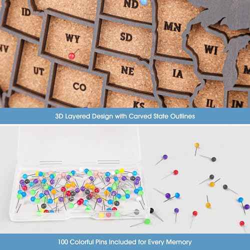 Luoyadee Cork Board USA Map Pin Board, US Map Tracker for Travel, Maps of USA for Traveling, United States Travel Maps for Couples Gift for RV Vacations, Home Classroom Wall Deocor, 12" x 8"