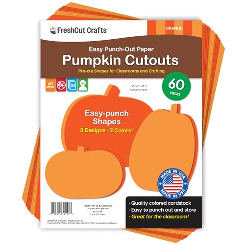 60 Pieces Pumpkin Cutouts for Fall Crafts and Classroom Decor, Orange Paper Shapes in Three Designs for Halloween Projects, Bulletin Boards, Autumn Activities, Double Sided USA Made Cardstock