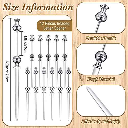 Outus 12 Pieces Beaded Metal Letter Opener Envelope Knife Beadable Letter Opener Stainless Steel Slitter for Gift Office Home DIY Supplies(Silver)