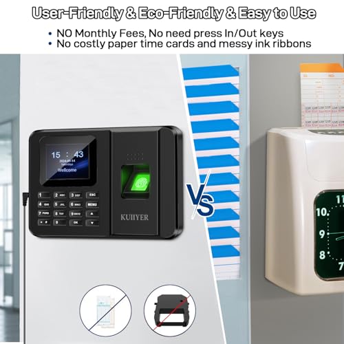 KUIIYER 2 in 1 Time Clocks for Employees Small Business (Fingerprint + Password) Employee Clock in & Out Machine Attendance Punch Clock