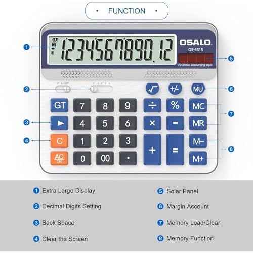 Desktop Calculator Extra Large 5in LCD Display 12-Digit Big Button Giant Accounting Calculator, Battery & Solar Powered, for Office Business & Home(OS-6815)