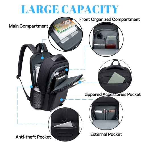 40L Travel Laptop Backpack for Men, High Tech Business Backpack with USB Charging Port and Ergonomic Design, Water Resistant Anti-theft Work College Backpack Fits 17.3 Inch Tablet, Notebook
