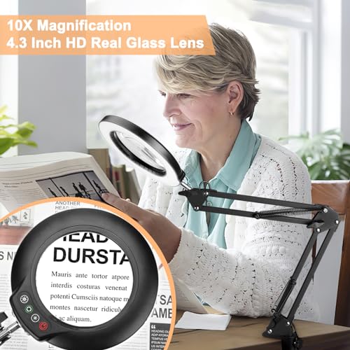 Drdefi 10X Magnifying Glass with Light and Stand, 3-in-1 Adjustable Swing Arm Magnifying Floor Lamp, 5 Color Modes Stepless Dimmable LED Lighted Magnifier Lamp with Clamp for Craft Reading Close Work