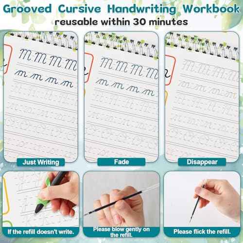 gisgfim Grooved Cursive Handwriting Workbook Magic Reusable Grooved Cursive Handwriting Practice Guided Tracing with Disappearing Ink Pens for Beginners Kids Learning Activities Supplies (Letters)