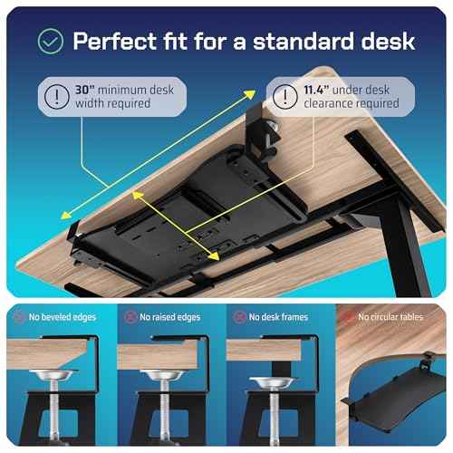 Keyboard Tray | Under Desk Keyboard Tray Slide Out w/Adjustable C-Clamps for Desks Up to 1.5-Inch-Thick | Clamp On Drawer with 1x USB-C to 4 USB-A Hub and 1x Five-Cable Management Organizer