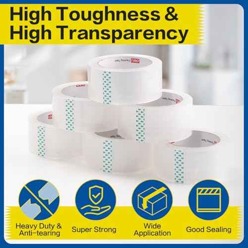 deli Heavy Duty Packing Tape 6 Rolls, Clear Packing Tape for Shipping Packaging Moving Sealing, 2.7mil Thick, 1.88 inches Wide, 65 Yards Per Roll, 390 Total Yards