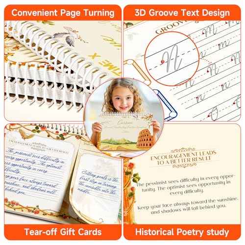 TIME X Grooved Cursive Handwriting Workbook Kit - Cursive Handwriting Workbook for Kids 8-12 and Adults - 3Pcs Magic Reusable Handwriting Workbook with Detachable Quote Postcards - 12.6"x10.6"