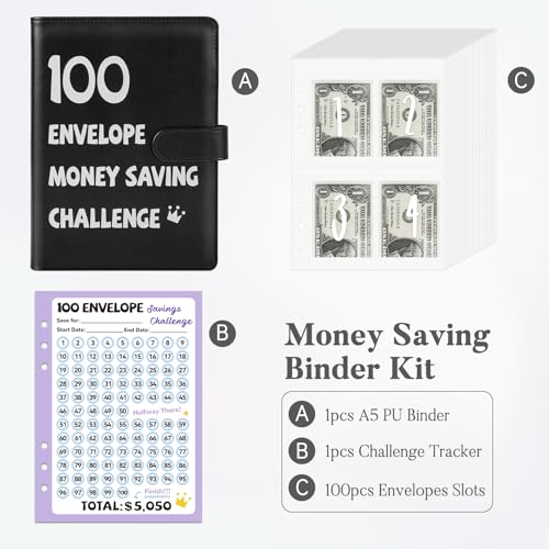 Black A5 Money Saving Challenge Binder with 100 Envelopes & Tracker - Fabmaker