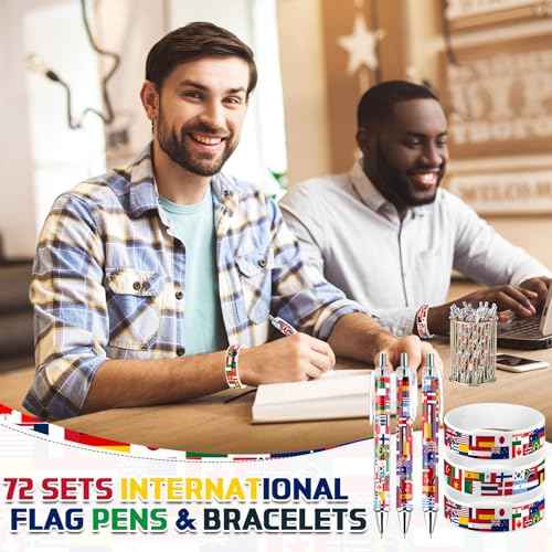 144 Pcs Around the World Party Favors International Flag Retractable Pens Country Flag Rubber Bracelets Multicultural Classroom Christmas Holiday Around the World Decorations