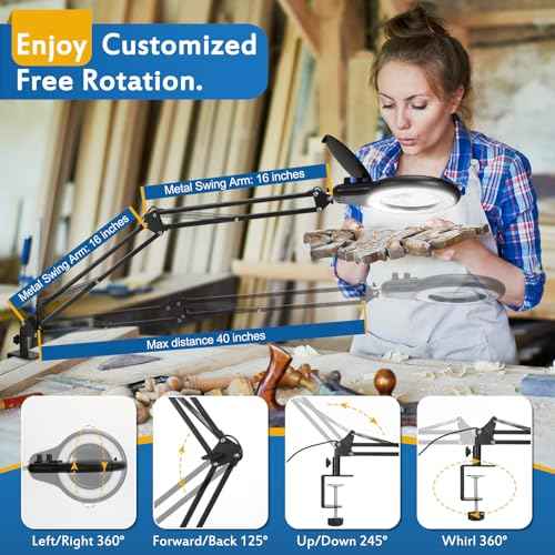 10X Large Magnifying Glass with Light and Stand, 2200 Lumens Stepless Dimmable Lighted Magnifier, Real Glass Lens Desk Lamp, Adjustable Swing Arm Clamp Light Hands Free for Craft Close Work