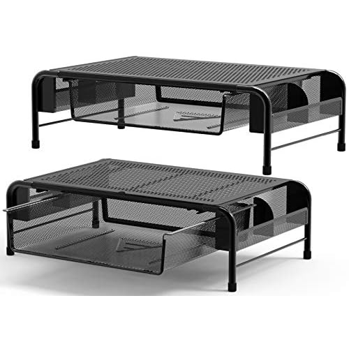 Simple Houseware Metal Desk Monitor Stand Riser with Organizer Drawer, Black, 2 Packs