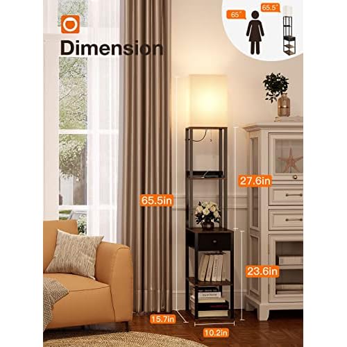addlon Floor lamp with 2 USB, 1 Outlet and Drawer, 3 Color Temperatures LED Bulb (9W), Sofa lamp with White lampshade, Display Floor lamp with Shelves for Living Room, Bedroom and Office - Brown