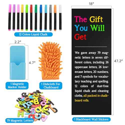 Magnetic Chalkboard Contact Paper for Wall 79" x 18", Self-Adhesive Blackboard Wallpaper Peel and Stick Chalk Board Wall with 79 Magnetic Letters for Kids and 12 Colors Chalk for Kids Home Playroom