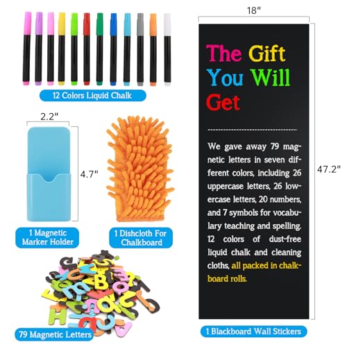 Magnetic Chalkboard Contact Paper for Wall, 47.2" x 18" Self-Adhesive Magnet Wall Sheet with 79 Magnete Letters for Kids and 12 Colors Liquid Chalk, Magnetic Wallpaper Stickers, Chalk Board