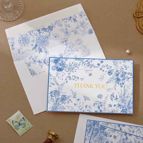 Crisky 100 Pack Blue Floral Thank you cards Gold Foil Greeting Notes Bulk with Envelopes & Stickers for Birthday, Baby Shower, Bridal Shower, Wedding, Graduation