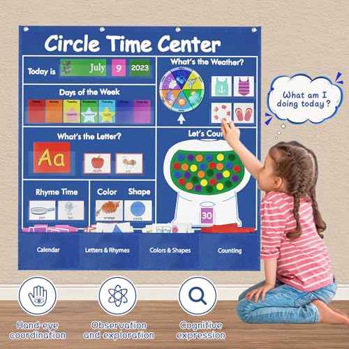 Circle Time Learning Center-Montessori Toy for 3 4 5 Year Old Pocket Chart Calendar Set Learning Calendar Weather,Alphabet,Counting Number,Color,Classroom Calendar Pocket Chart for Homeschool Supplies