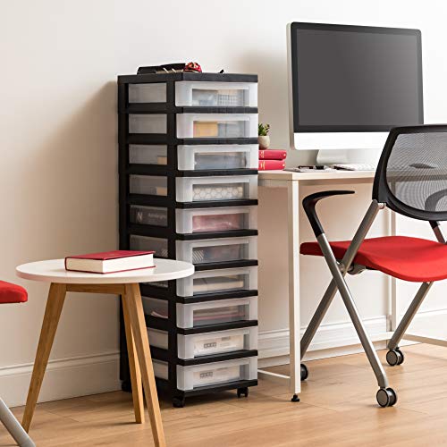 IRIS USA Plastic Drawer Storage Organizer Rolling Cart with Wheels Casters 10-Drawers for Classroom Art Craft Supplies Dresser Closet Bathroom Laundry Room Black/Clear