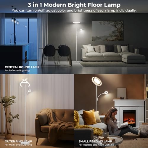 FIMEI Upgraded 3 in 1 Floor Lamp, Modern Bright Standing Lamp with Split Rotatable Ring Light and Small Reading Light, 4 Color and Dimmable, 3-Way Independent Control for Living Room Office, White