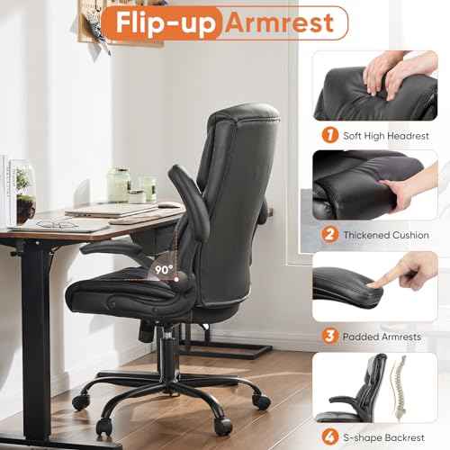 Sweetcrispy Ergonomic Computer Gaming Office Chair, Heavy Duty Task Desk Swivel Rolling Chairs with Wheels, Flip-up Arms, Adjustable Height, PU Leather, Black